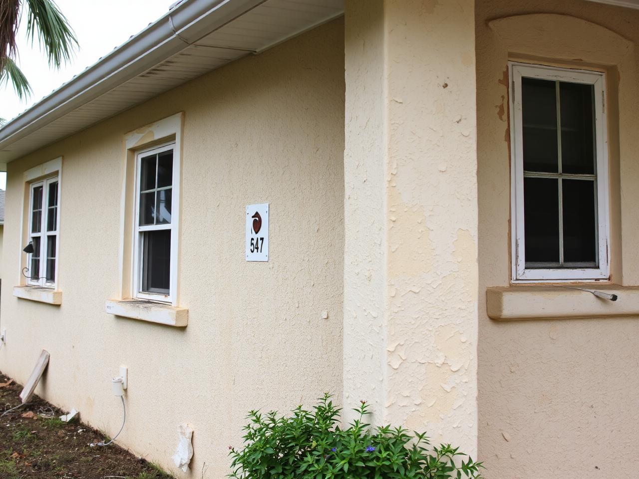 Florida stucco home exterior with faded and peeling paint before repainting