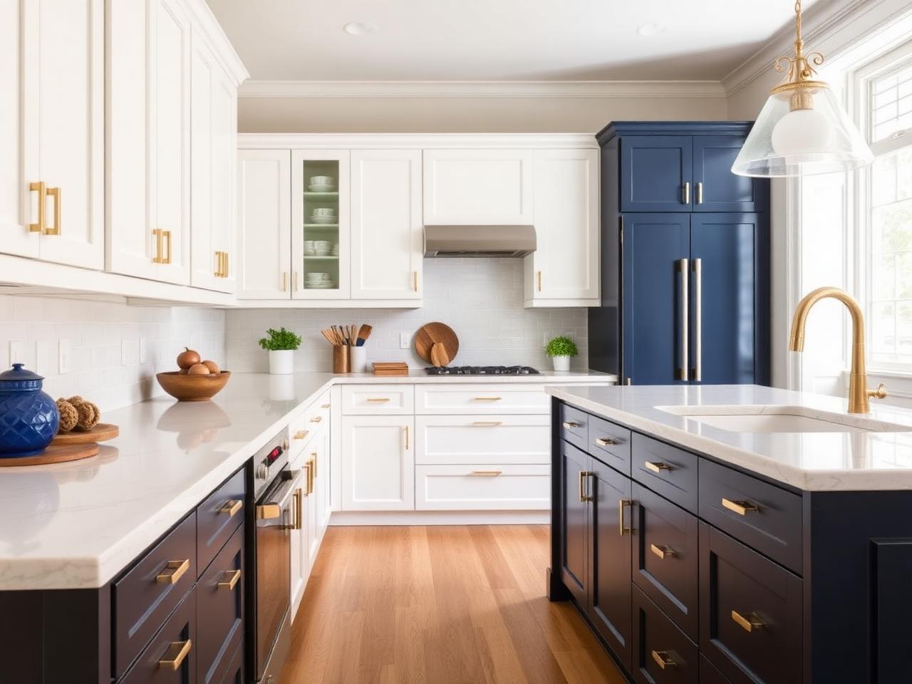 Kitchen with freshly refinished white and navy painted cabinets