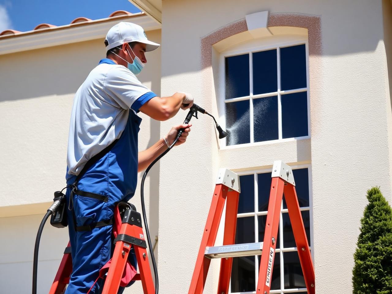 Professional painter applying fresh paint to a Florida stucco home exterior