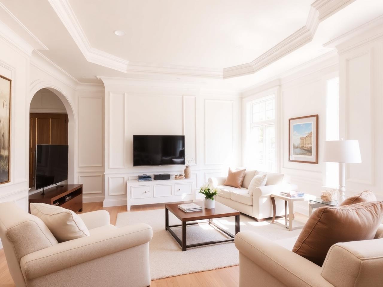 Freshly painted interior living room with white trim and crown molding