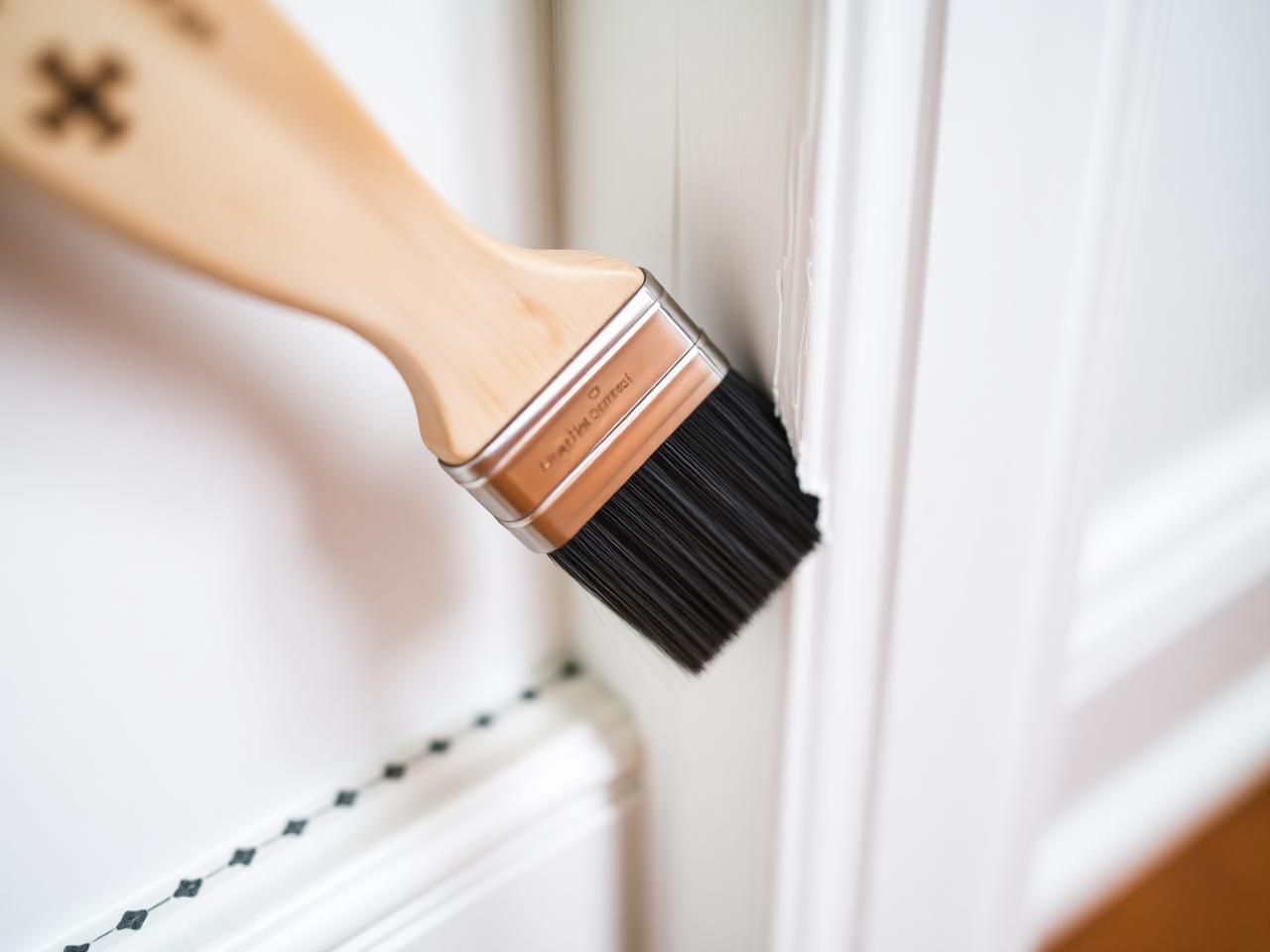 Close-up of a brush cutting a crisp white line on interior door trim